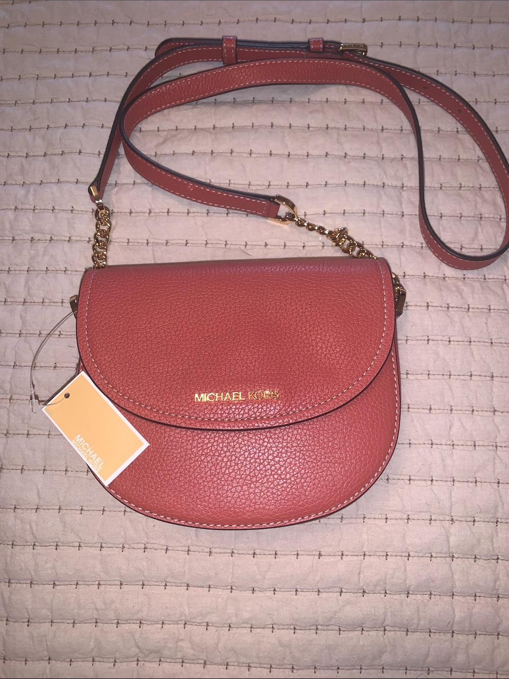 Michael Kors Coral-Peach Pebbled Leather Crossbody with Gold Hardware